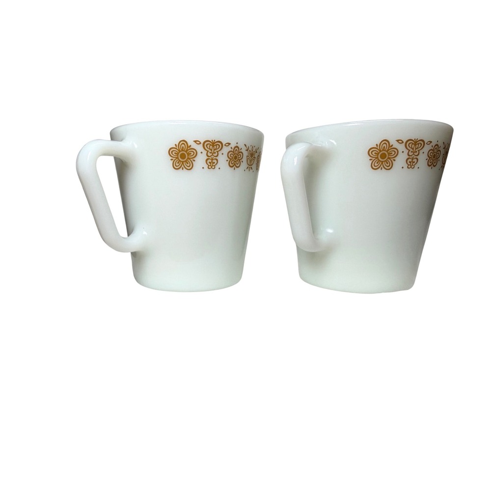 Vintage Pyrex Butterfly Gold Milk Glass Coffee Mugs Set of 2 White 1410 300ml